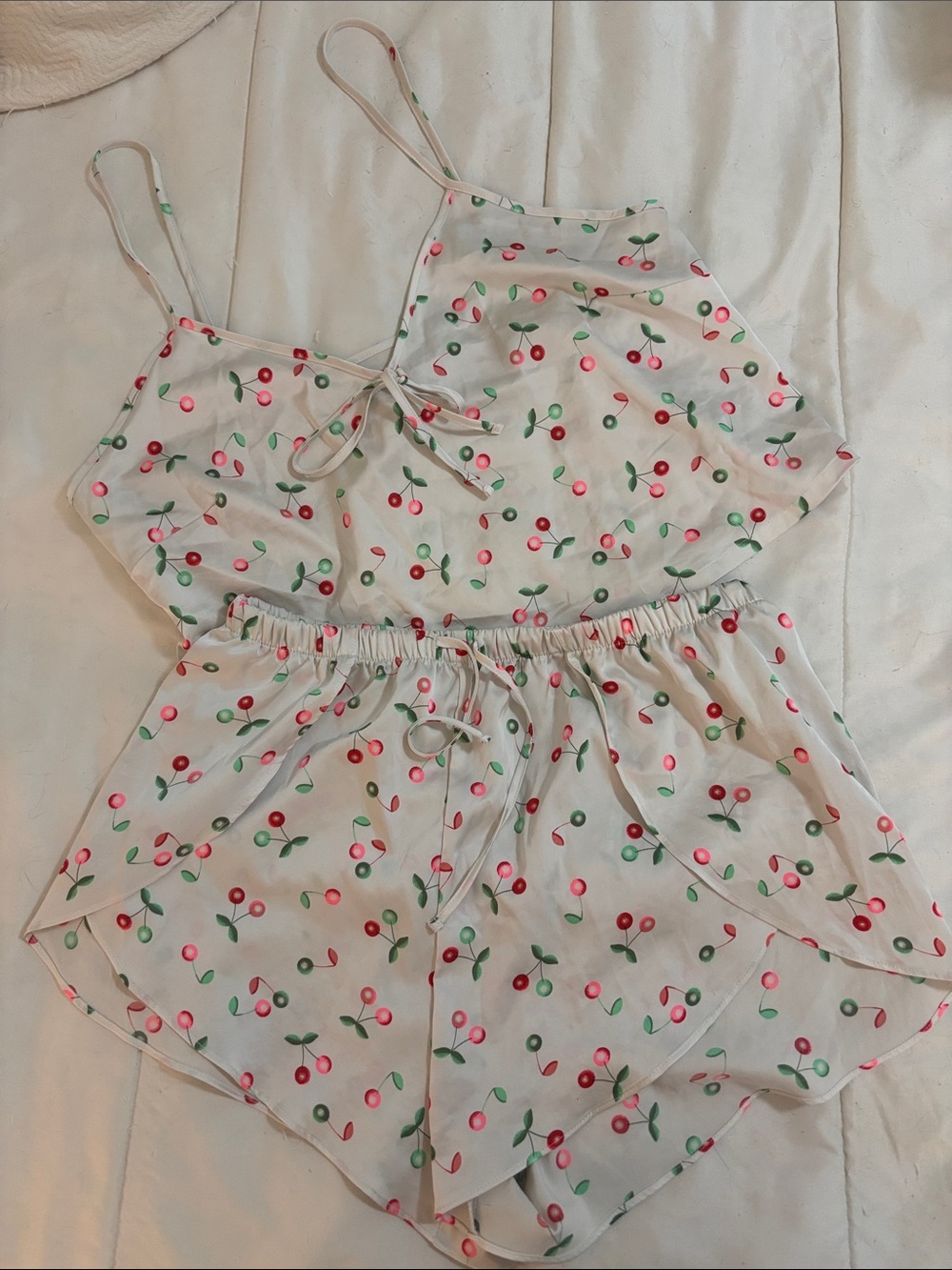 Cherry Print Satin Pajama Night Cami Shorts Set Size Medium